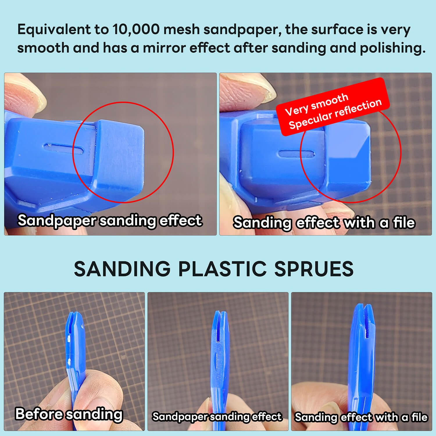 Comparison of sandpaper vs stedi polishing file showing 10,000 grit mirror finish on plastic.