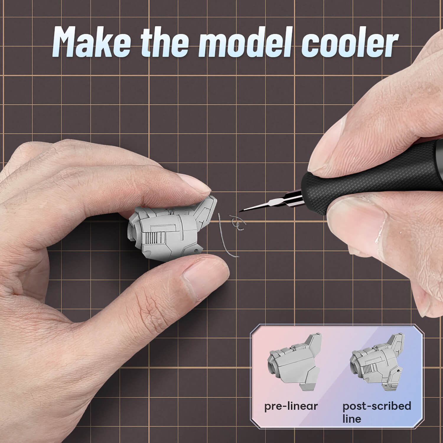 Demonstrating the scribing process on a Gundam model part using stedi MS-39B.