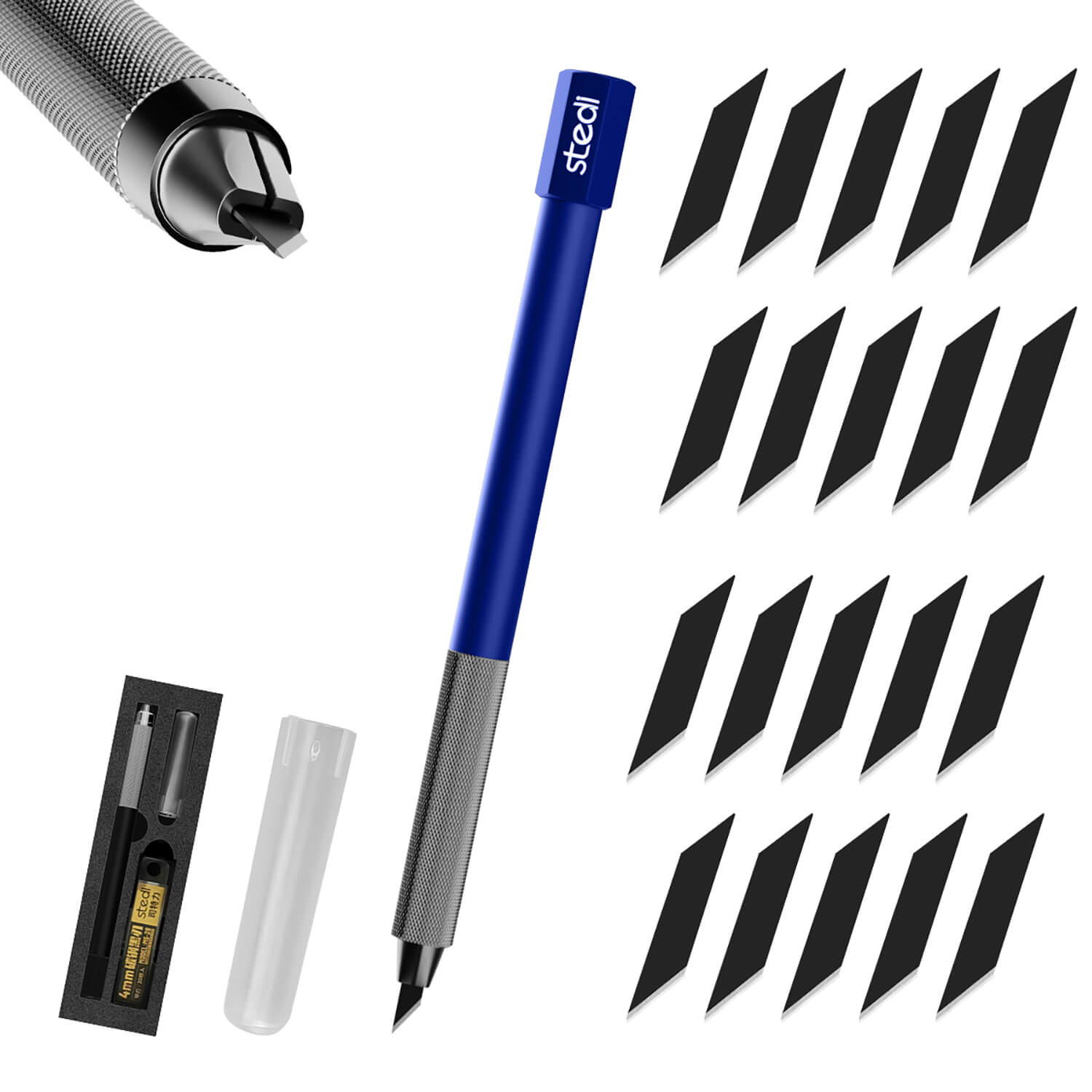 stedi precision craft knife set including handle, 20 black blades, and protective caps.