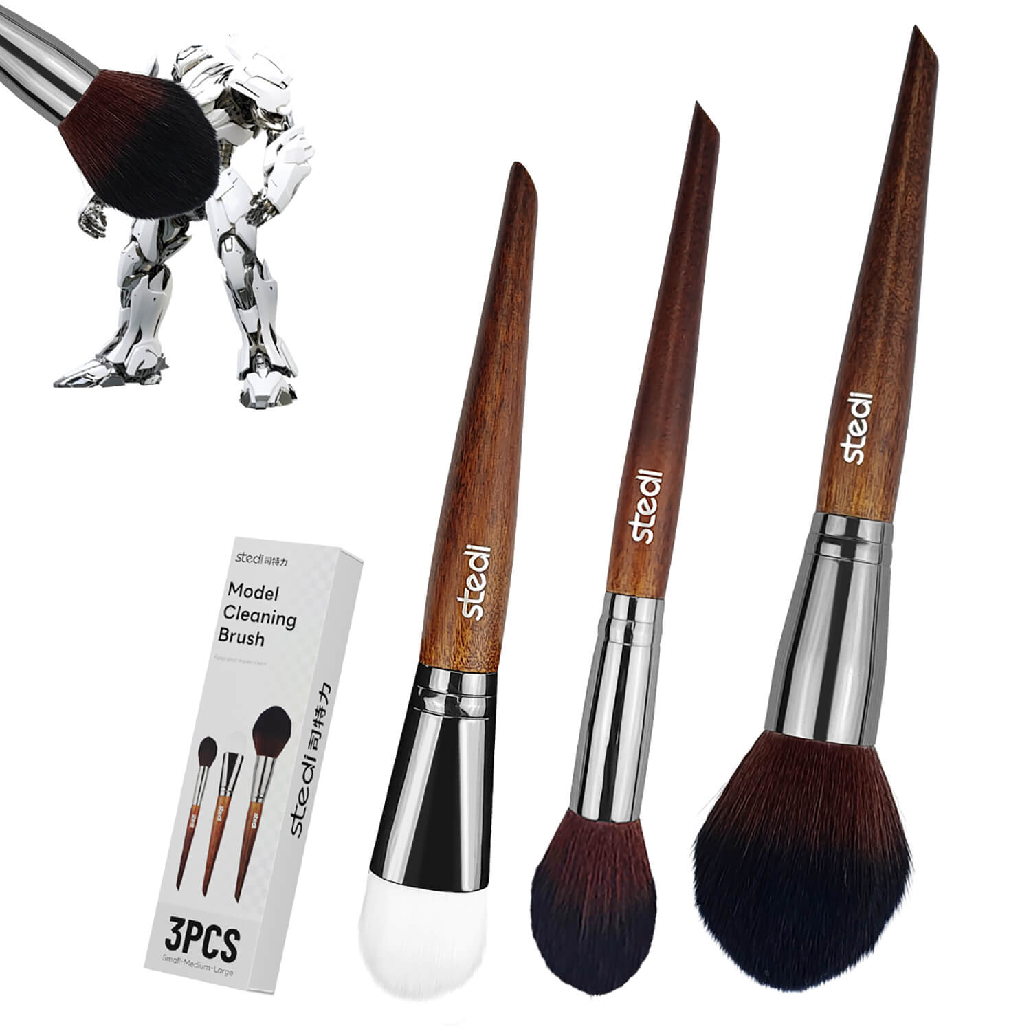 STEDI 3-Piece Model Cleaning Brush Set with Soft Fiber & Nylon Bristle Brushes for Gundam and Scale Models