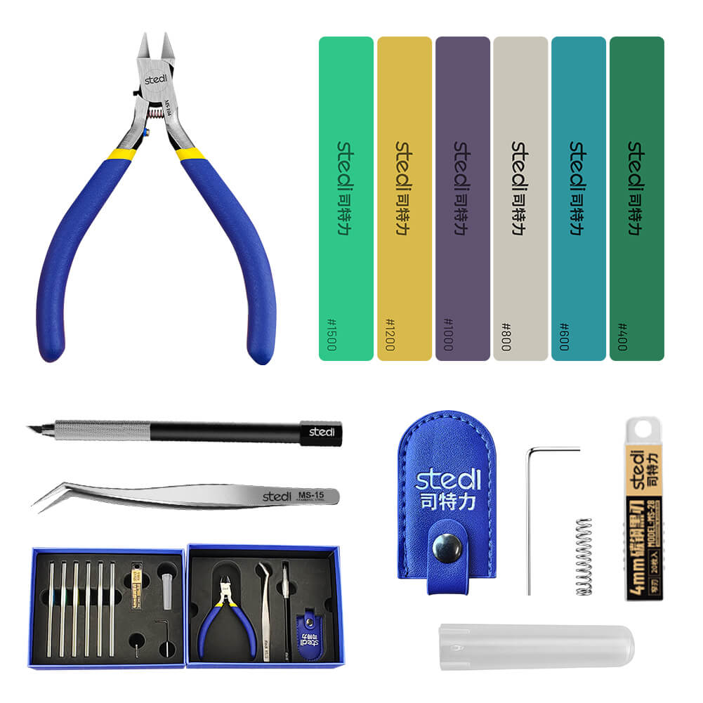 Complete stedi 14-in-1 model building tool kit featuring nippers, knife, and sanding sticks.