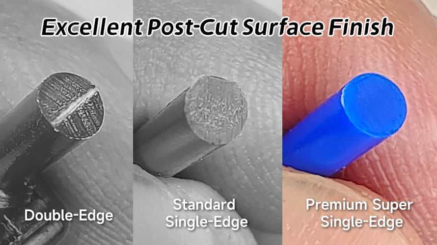 Comparison of plastic cut surfaces showing double-edge, standard single-edge, and premium single-edge cutting results