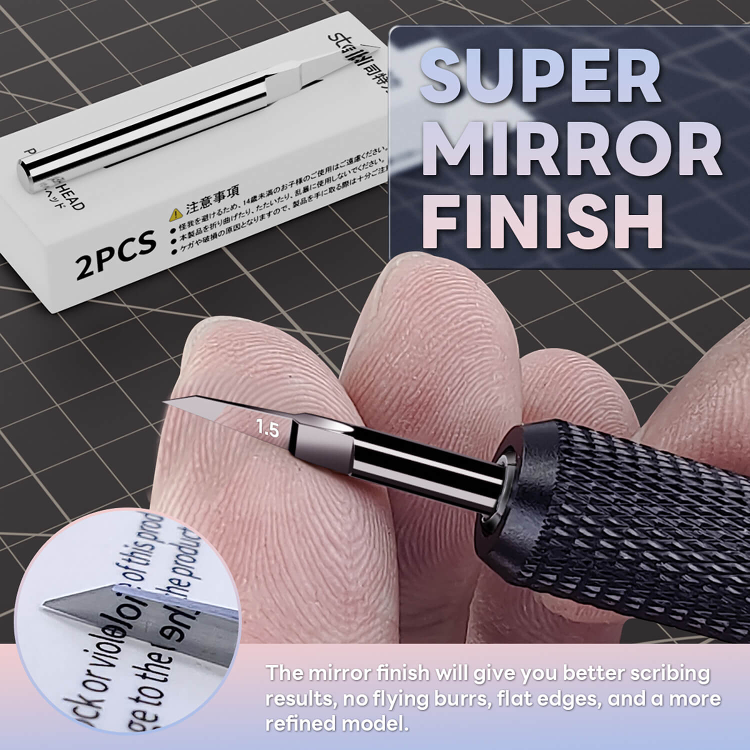 Close-up of the super mirror finish on stedi tungsten steel blade for smooth scribing.
