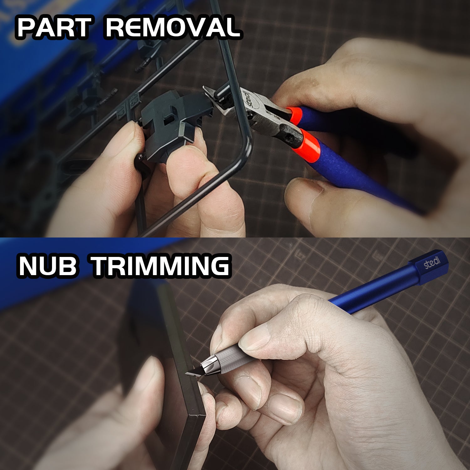 model nipper cutting plastic model parts and craft knife trimming sprue nubs
