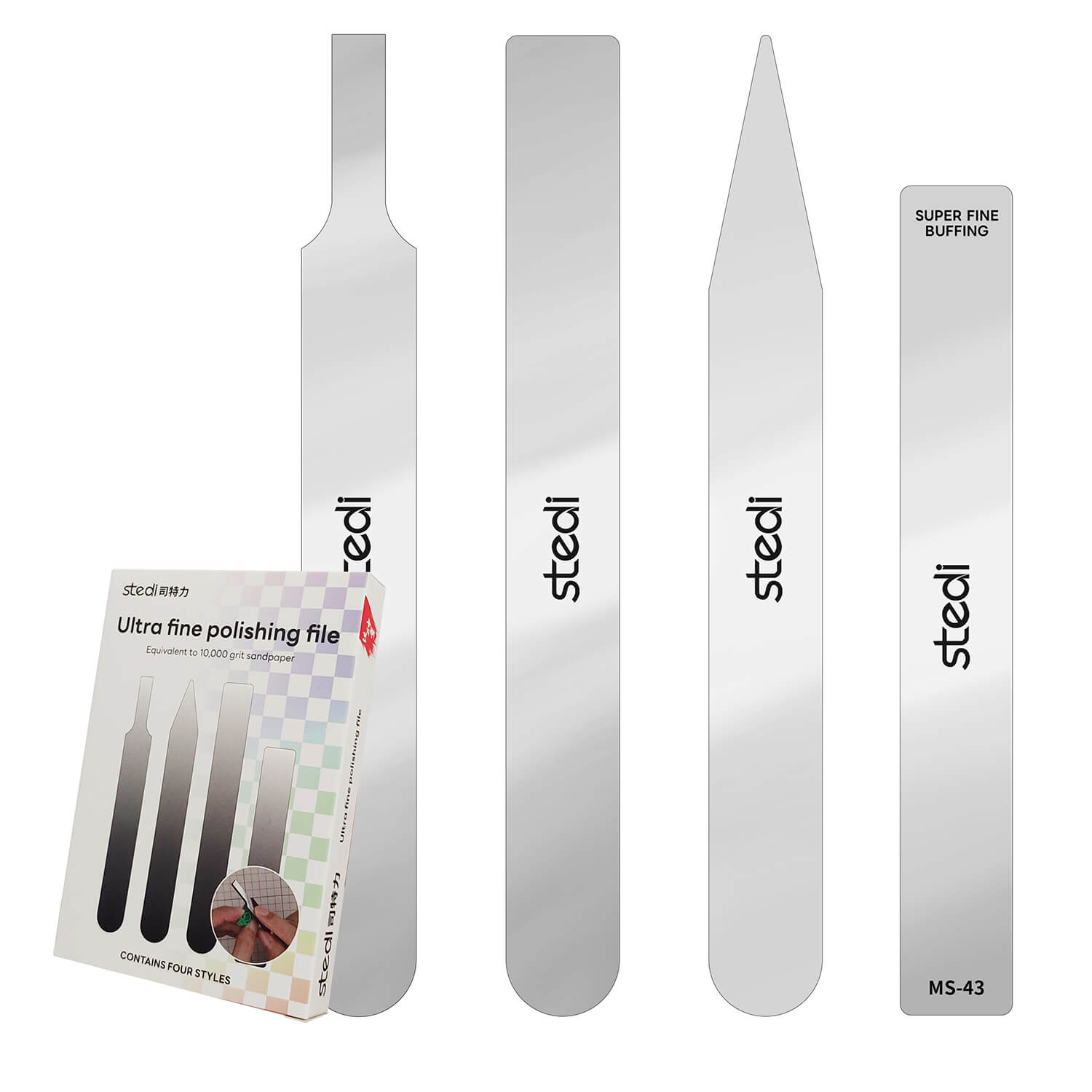 stedi 4-piece ultra fine polishing file set with packaging for model building.