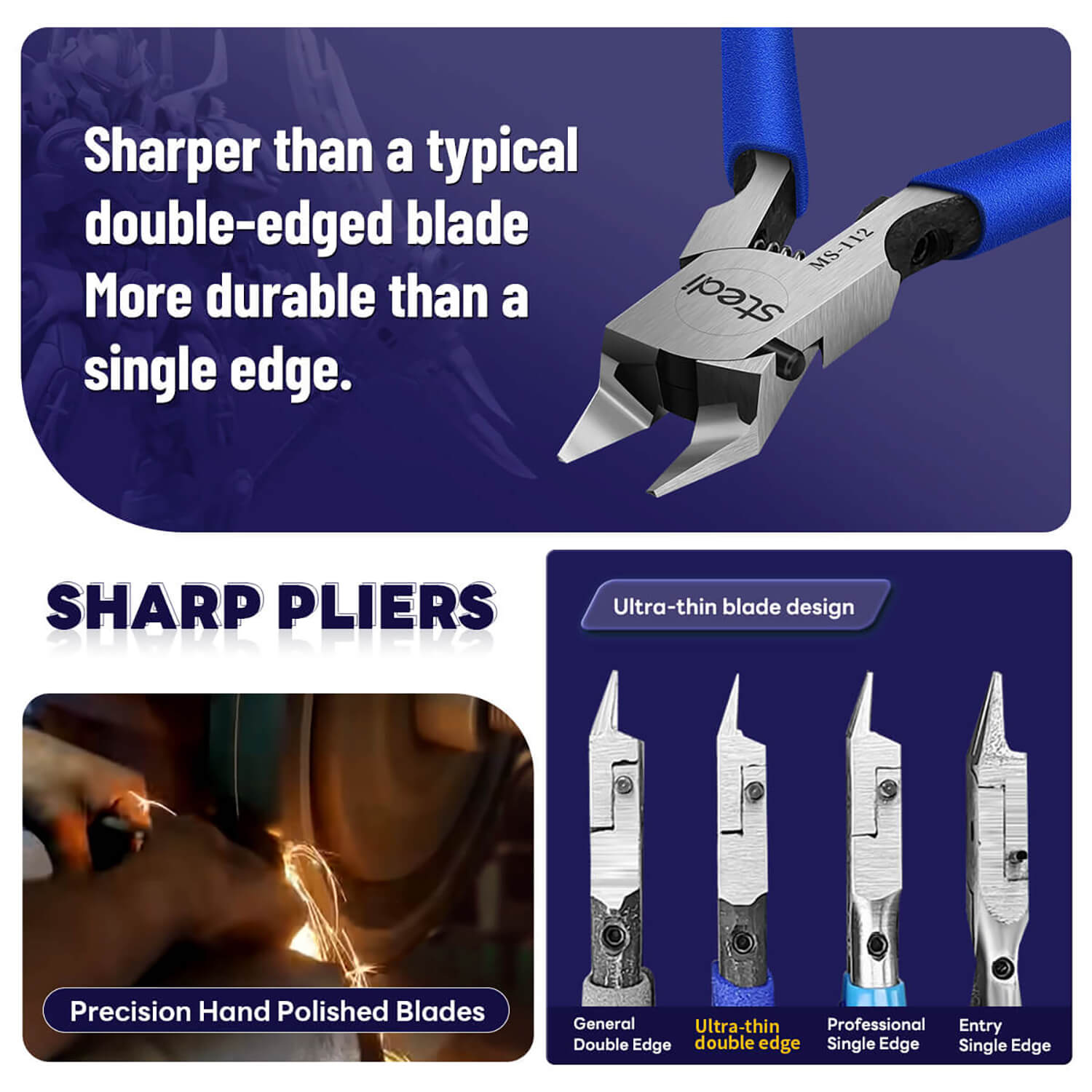 Comparison of stedi ultra-thin double blade design vs single edge model pliers.