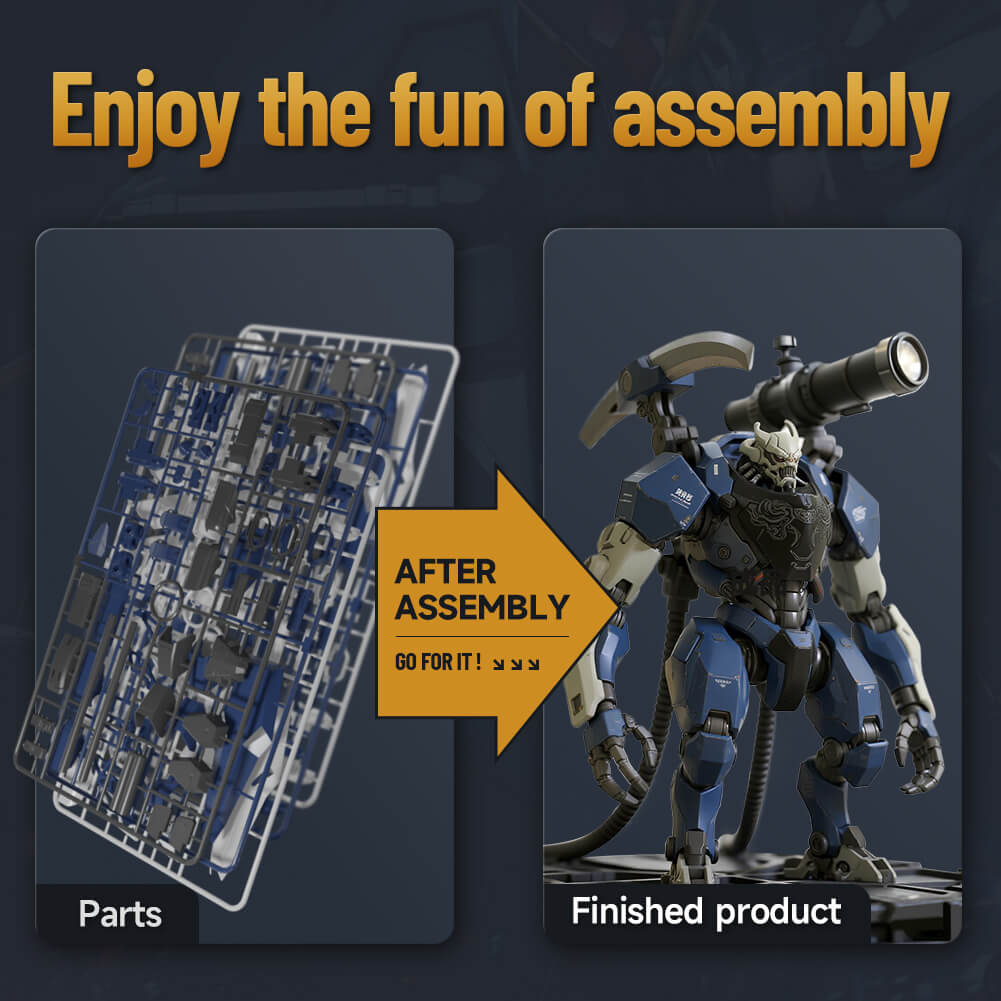 Comparison of plastic model parts and a high-quality finished mecha model after using stedi tools.