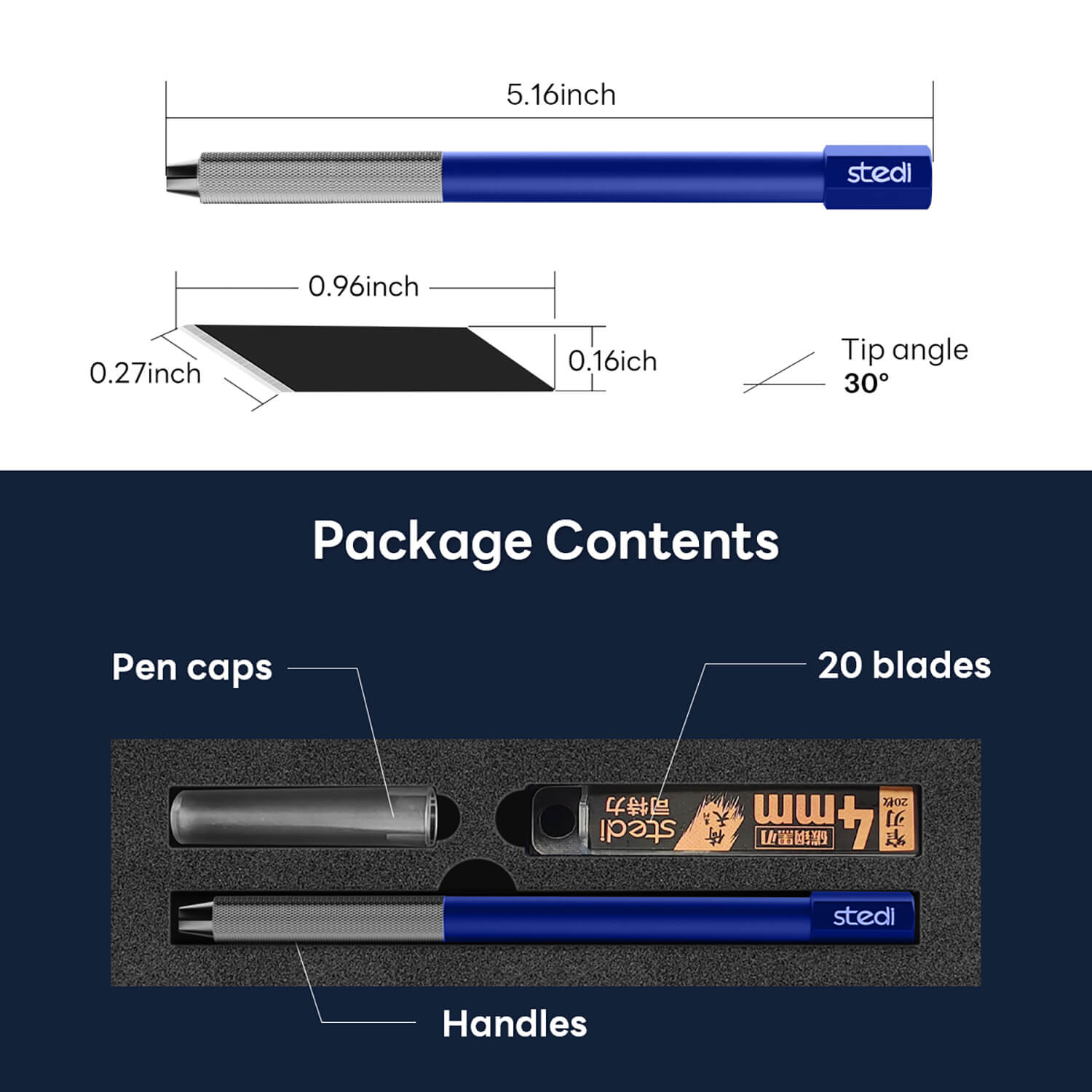 Product dimensions of stedi craft knife: 5.16 inch length and 30-degree blade angle.