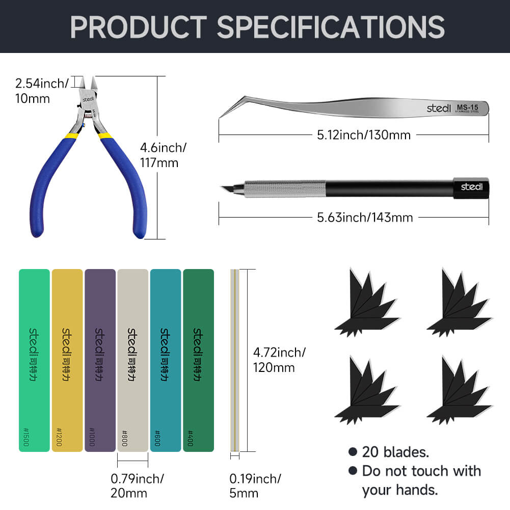 Detailed product specifications and dimensions for stedi nippers, hobby knife, and tweezers.