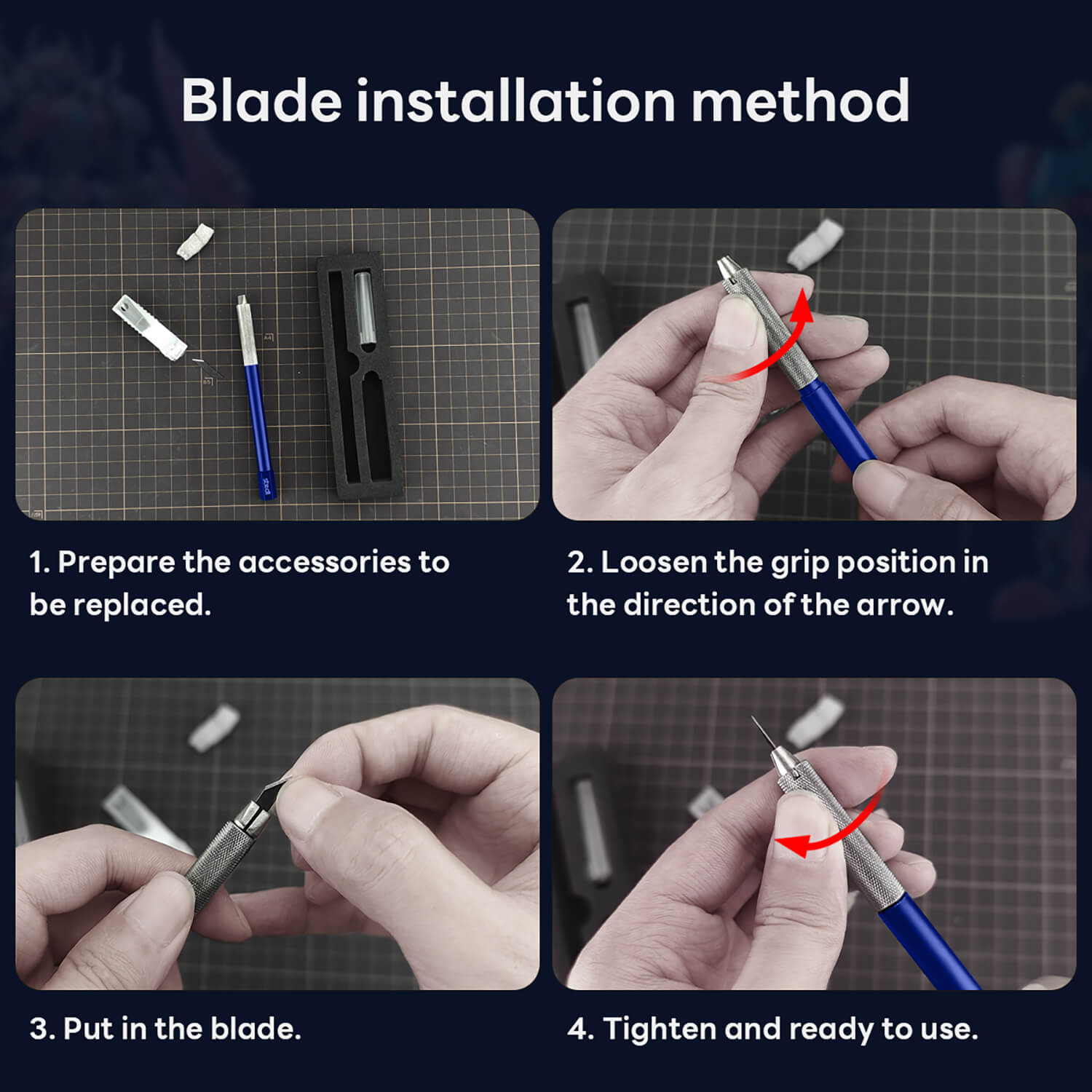 Step-by-step guide on how to safely replace the black blade on a stedi hobby knife.