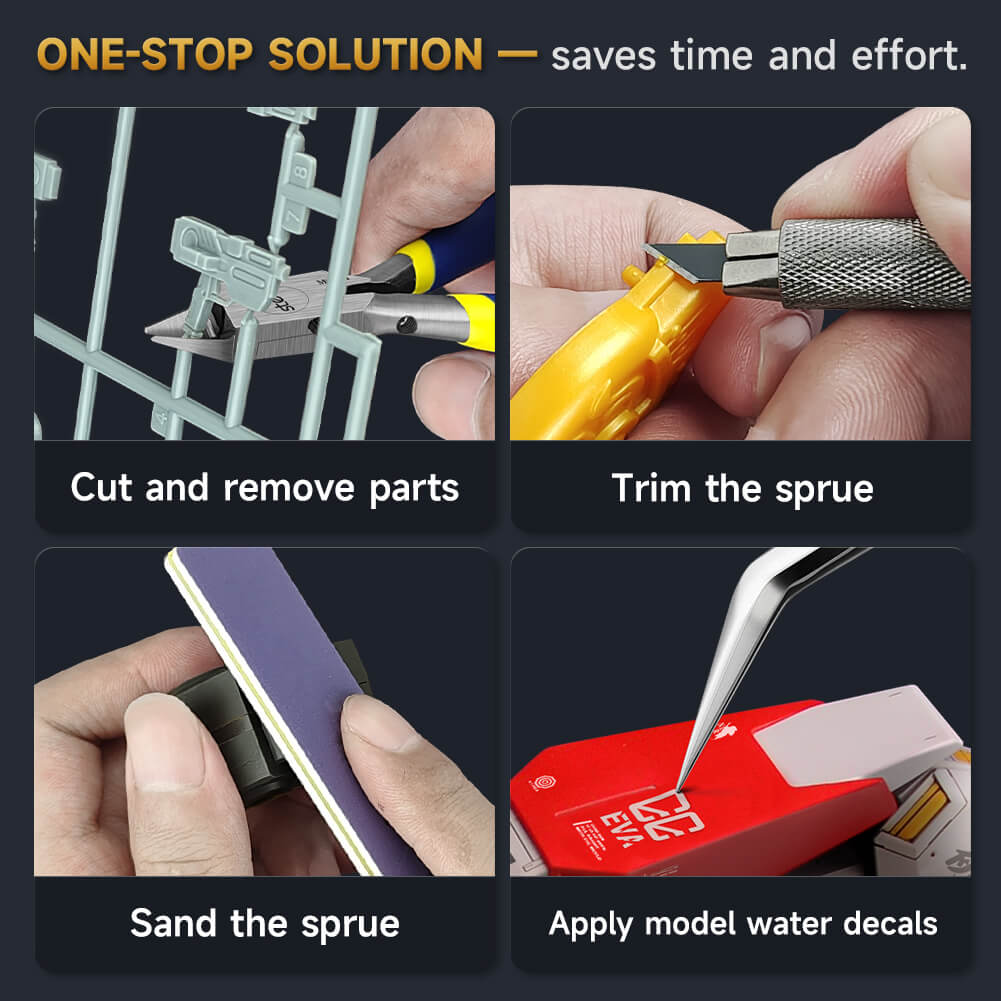 Four-step model building guide: cutting, trimming sprue, sanding, and applying water decals.