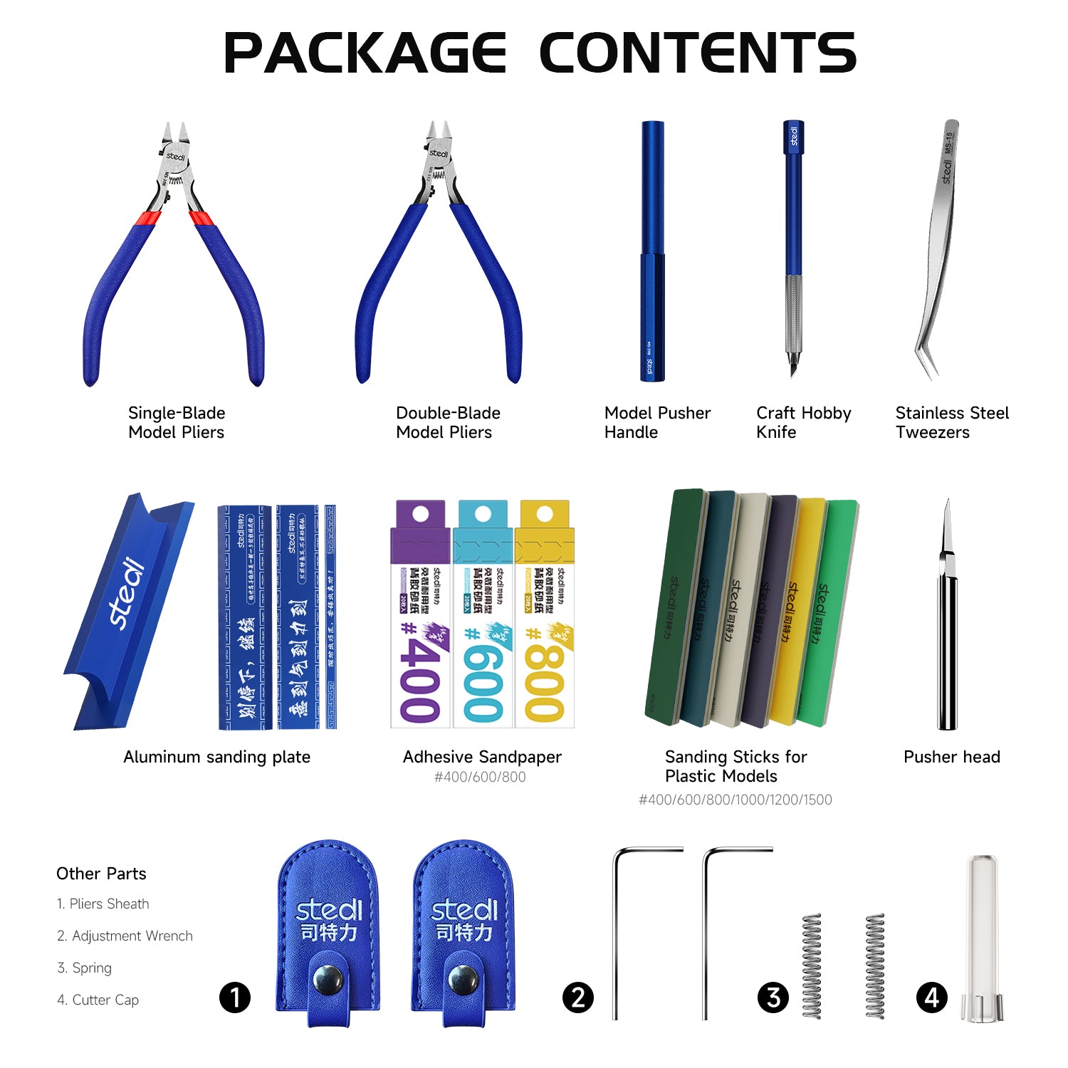 stedi plastic model tool set package contents including model nippers, craft knife, tweezers, sanding sticks and adhesive sandpaper