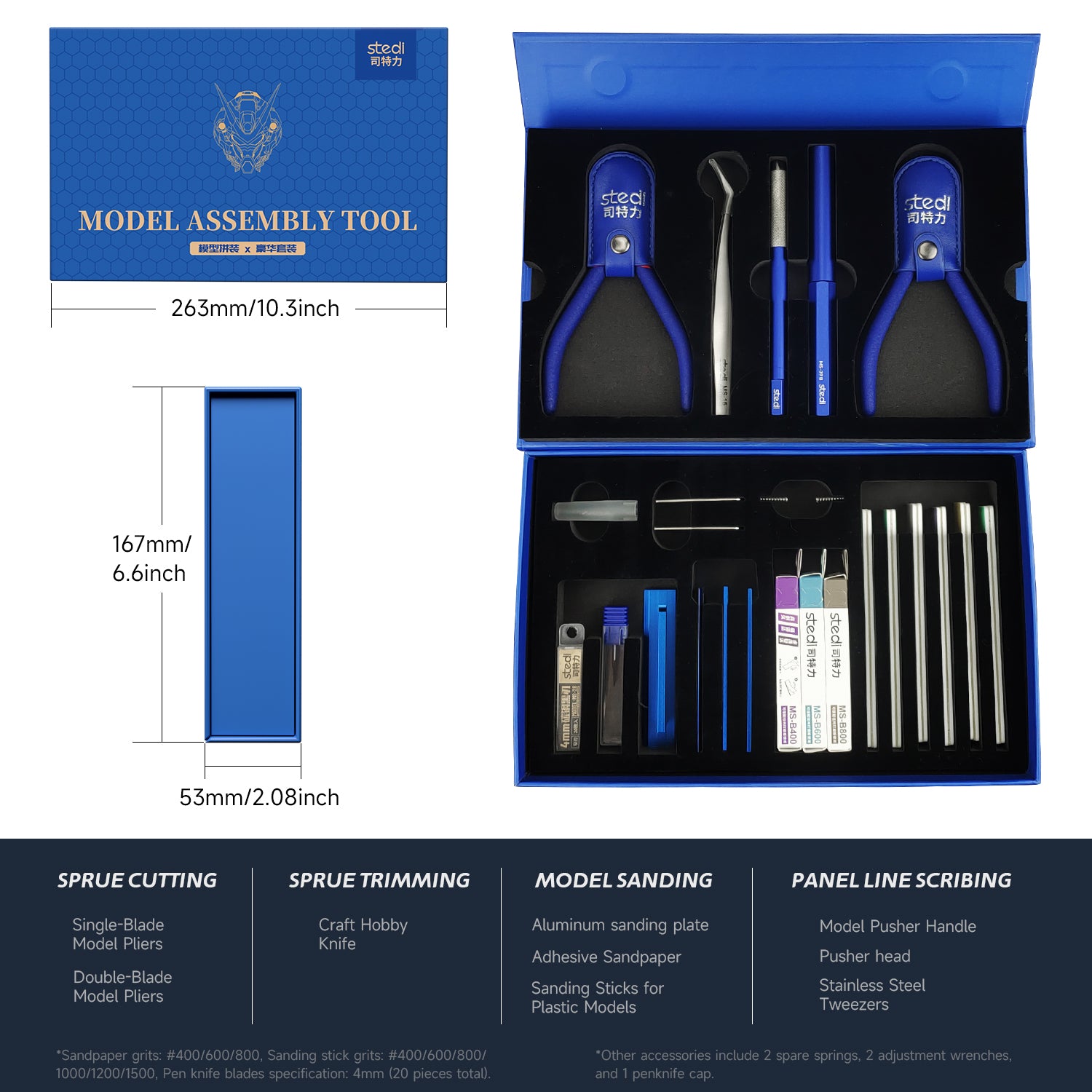 stedi model assembly tool set storage box dimensions and included model building tools