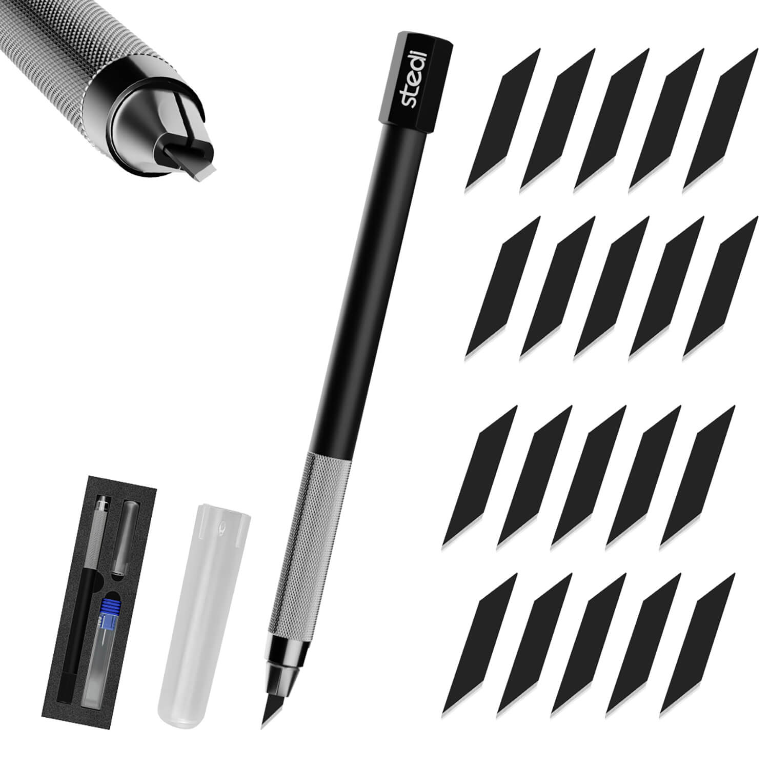 stedi Precision Craft Knife Set - Metal Hobby Knife with 20 Carbon Steel Black Blades