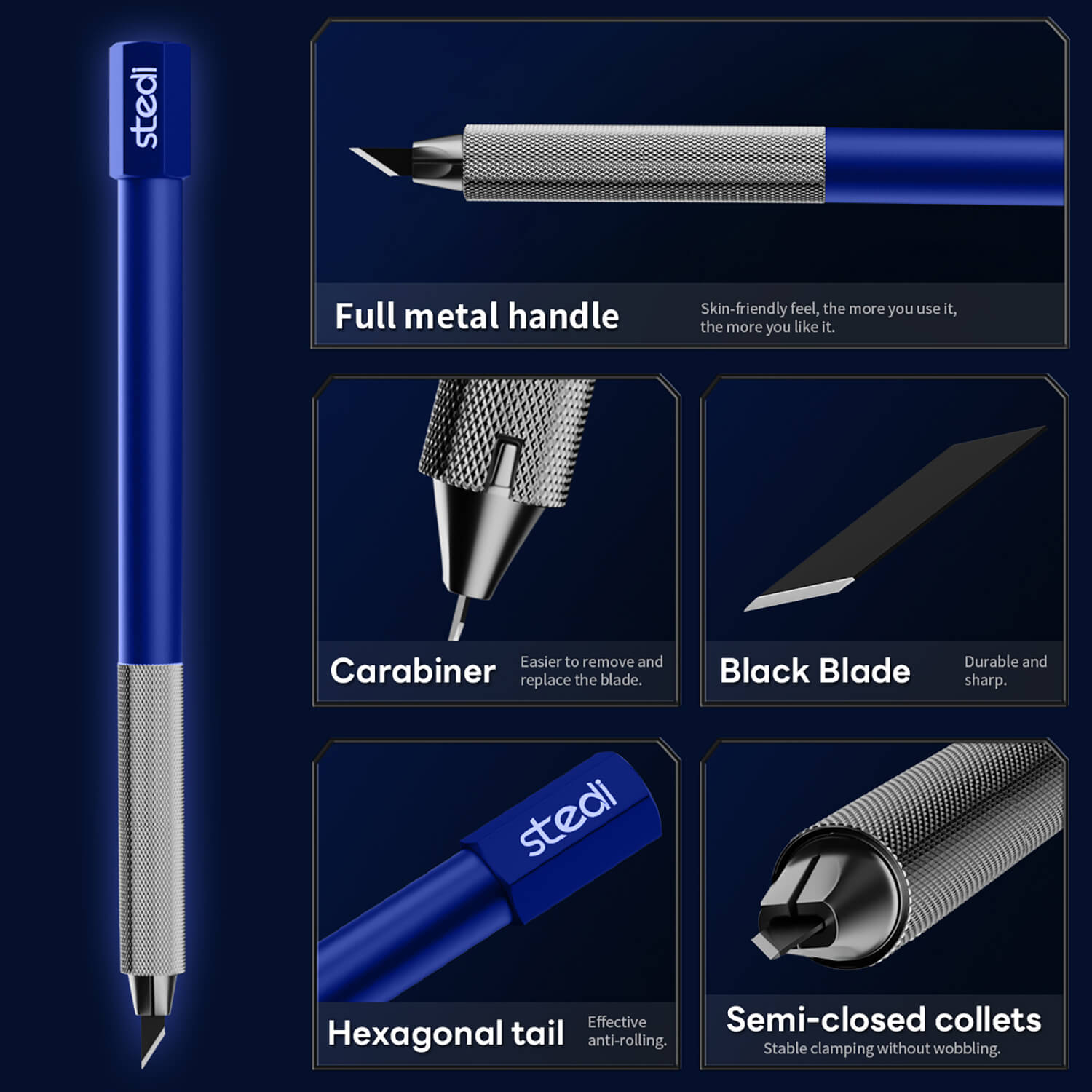 Close-up features of stedi hobby knife: full metal handle, hexagonal tail, and semi-closed collet.