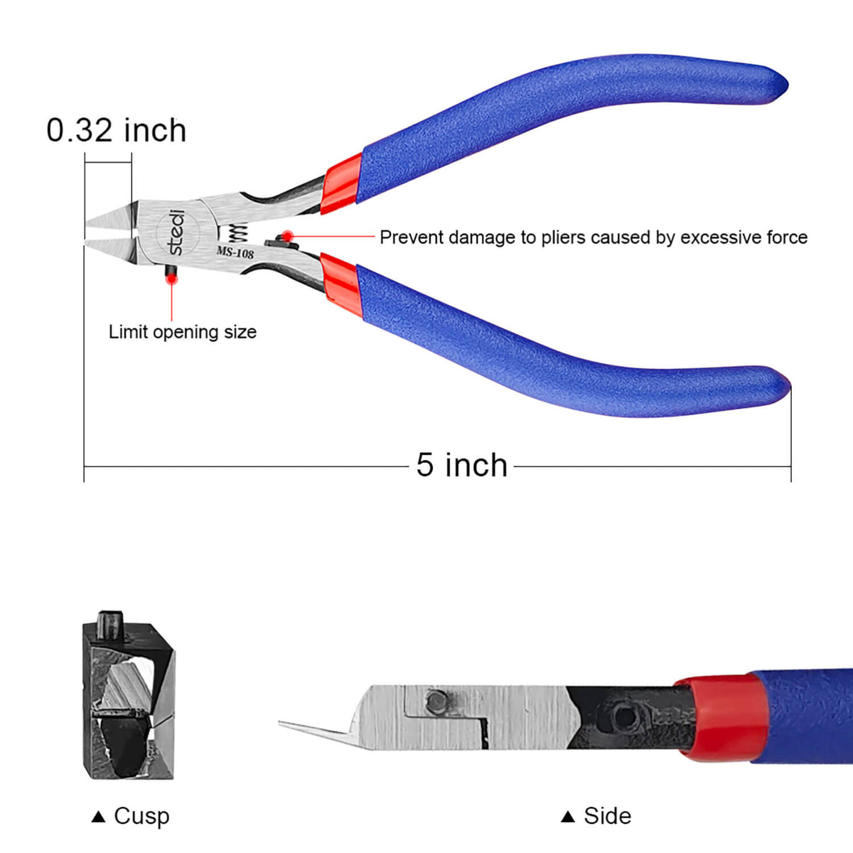 STEDI MS-108 model nippers showing overall dimensions and blade profile