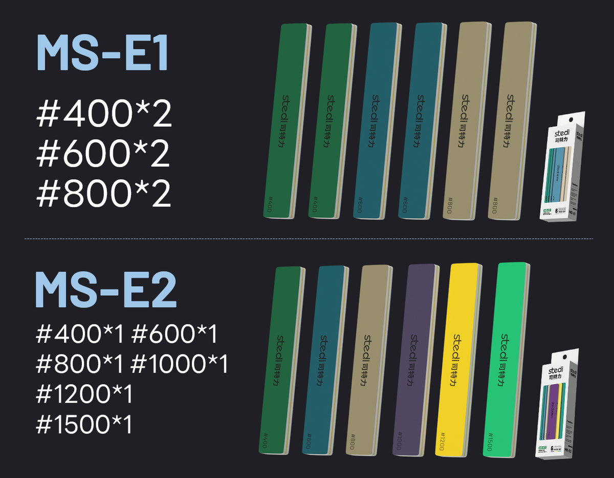 STEDI MS-E1 and MS-E2 sanding stick grit chart with available abrasive grades