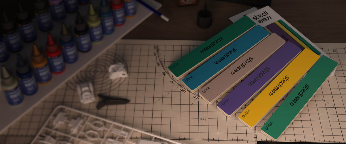 STEDI MS-E2 model sanding tools displayed for plastic model building workspace