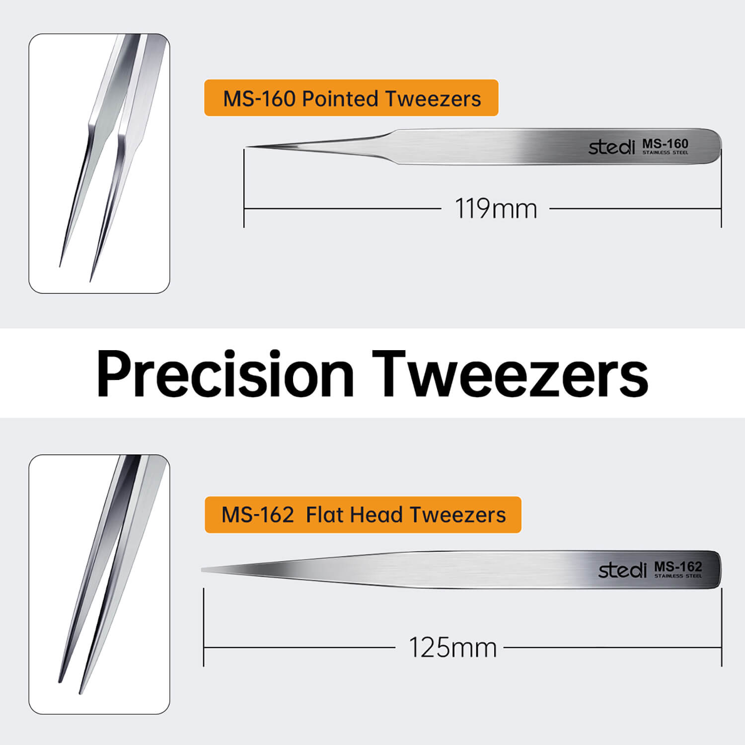 Product dimensions for stedi MS-160 (119mm) and MS-162 (125mm) precision tweezers.