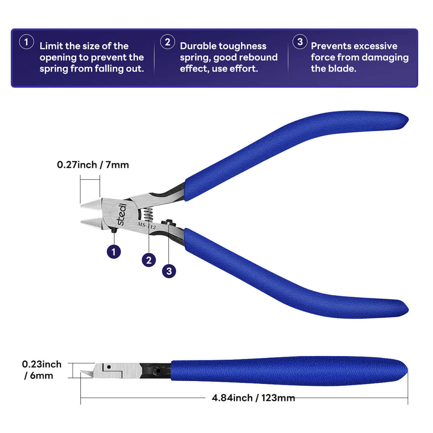 Detailed dimensions and structural features of stedi MS-112 model pliers (123mm).