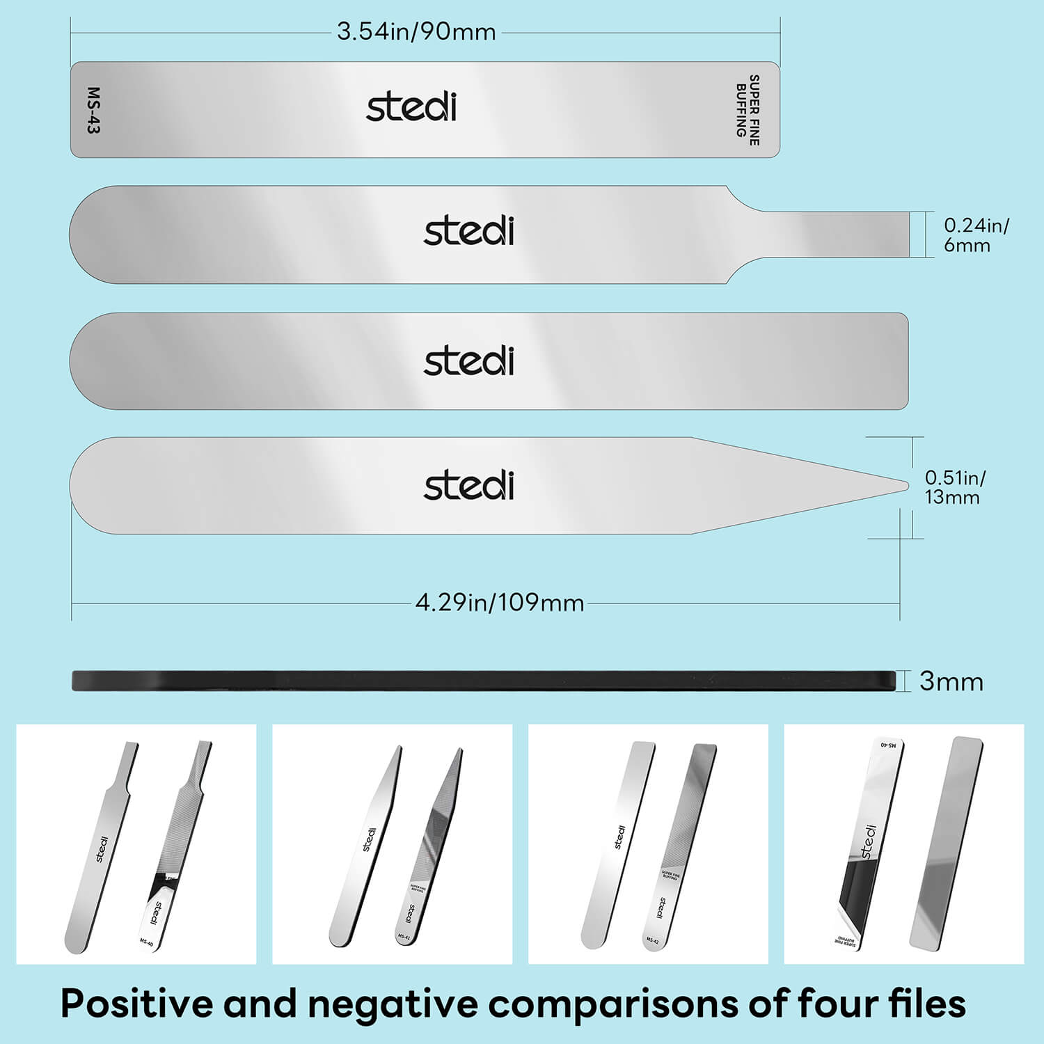 Dimensions and 4 different shapes of stedi nano glass polishing files for precision work.