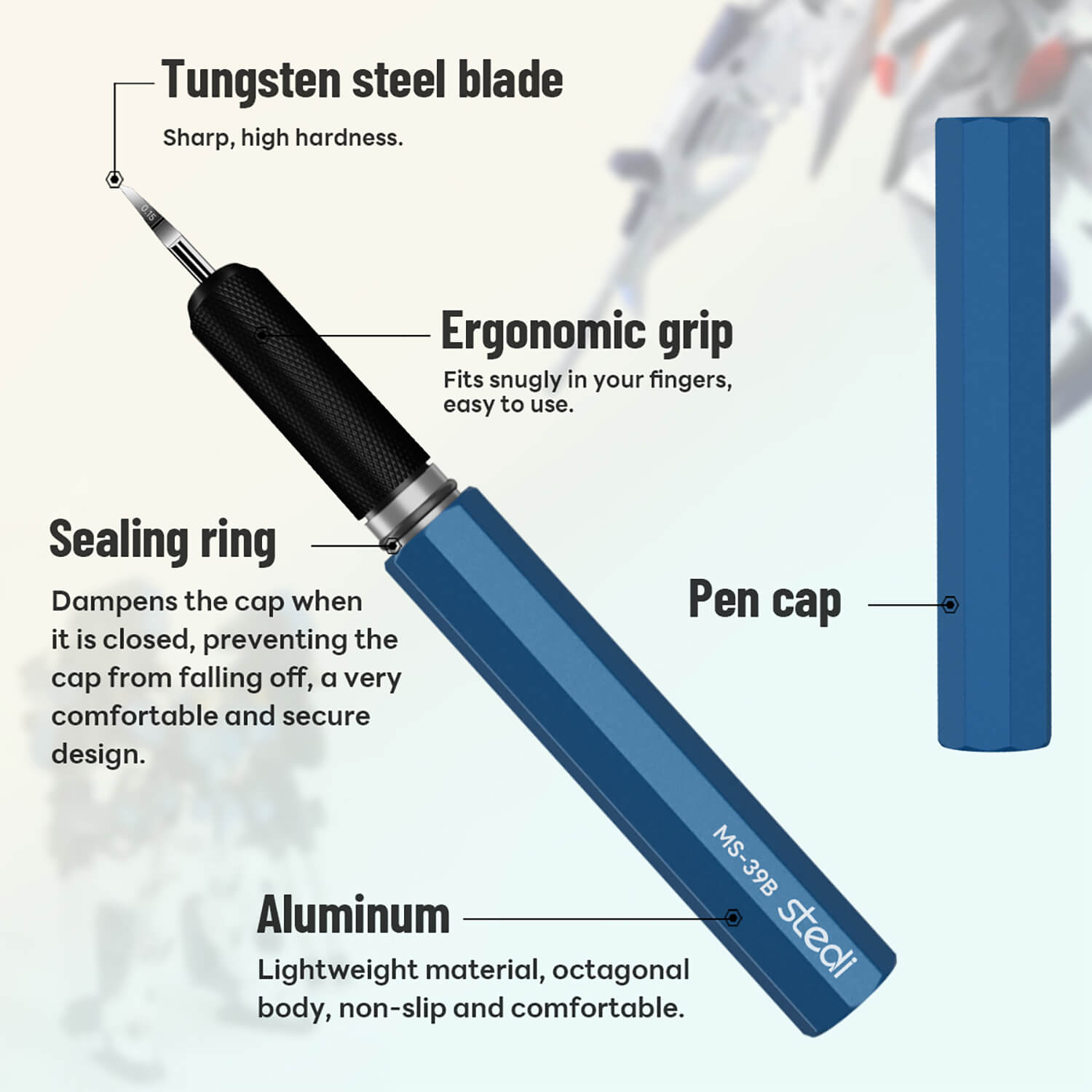 Breakdown of stedi MS-39B features including tungsten blade, ergonomic grip, and sealing ring.