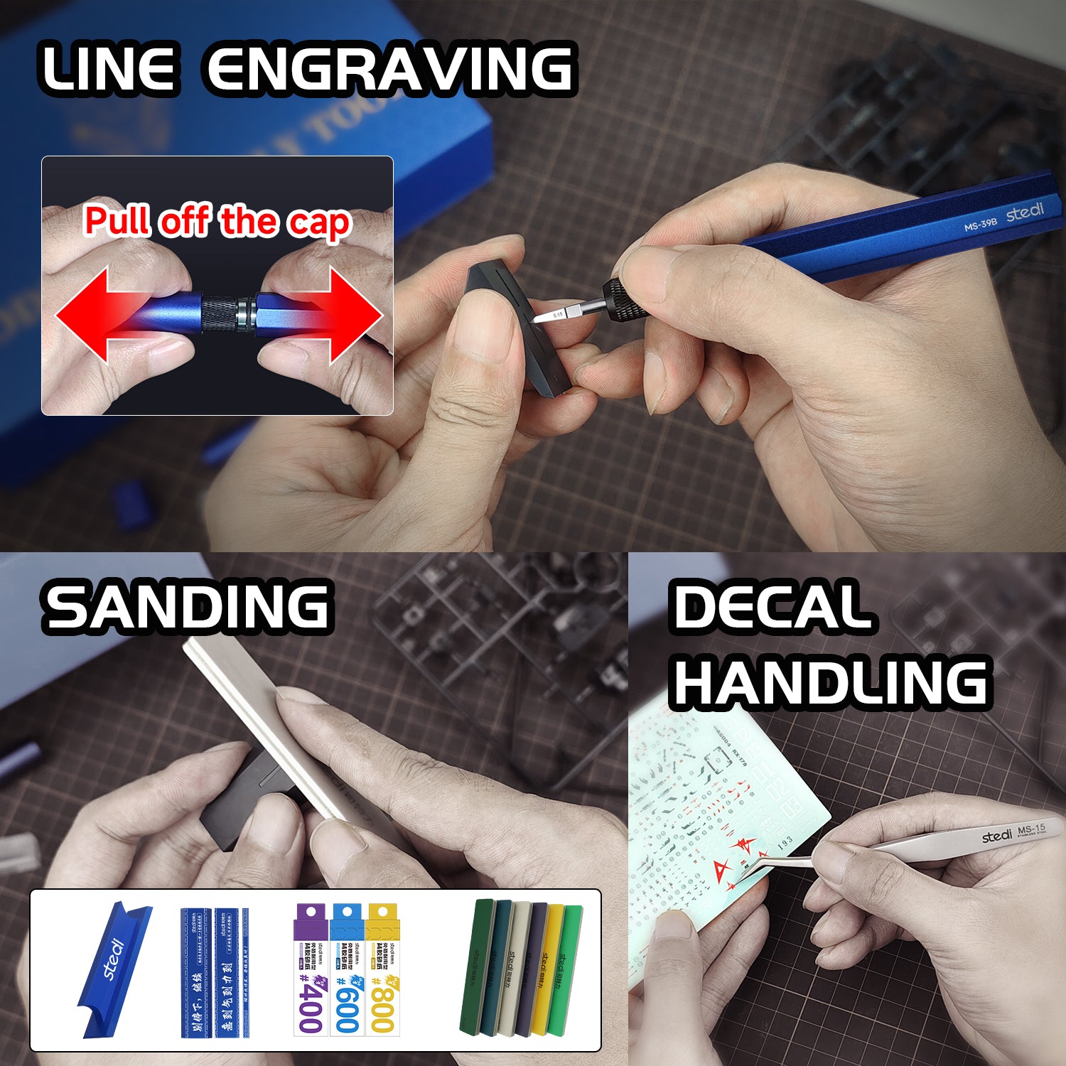 model chisel for panel line detailing with sanding tools and tweezers for plastic models