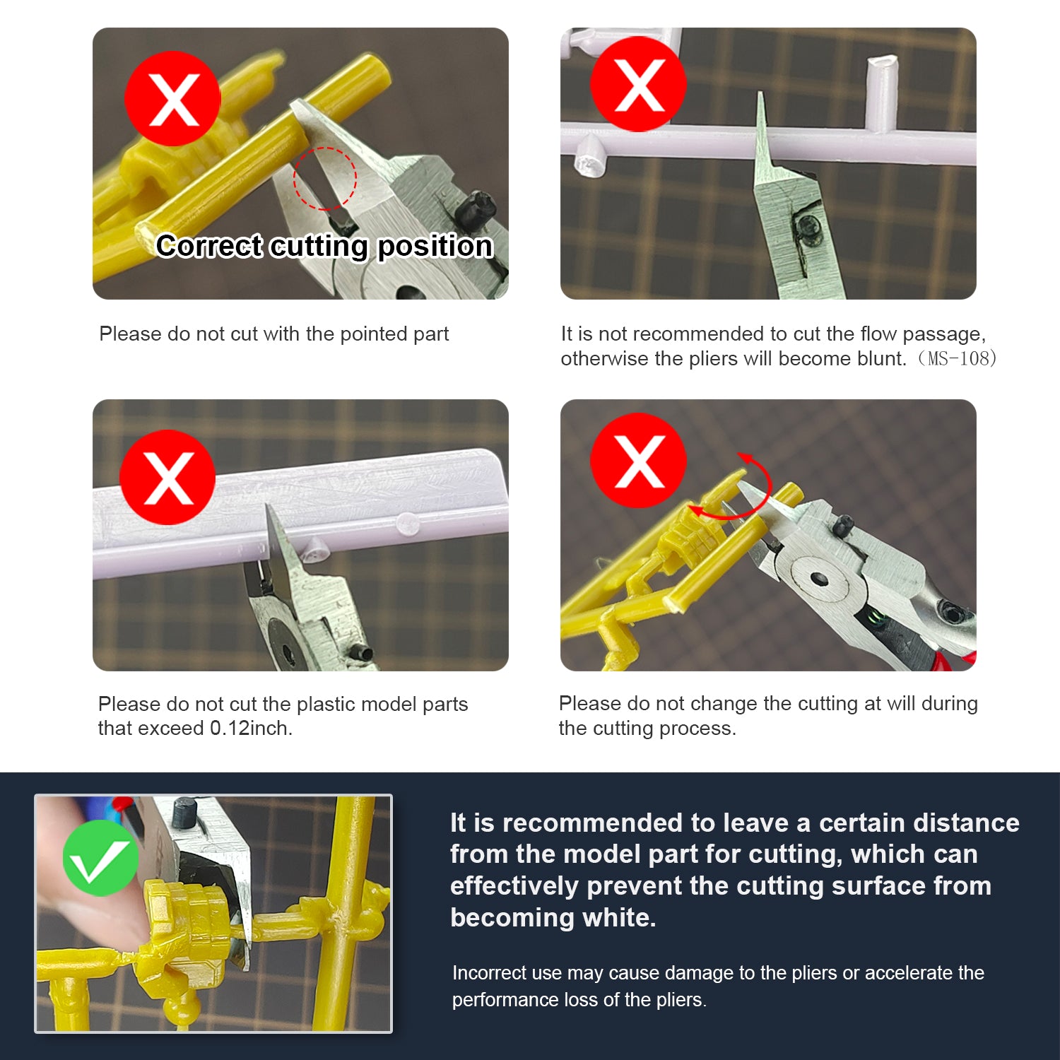 model nipper care instructions showing proper cutting position and recommended cutting distance from plastic parts