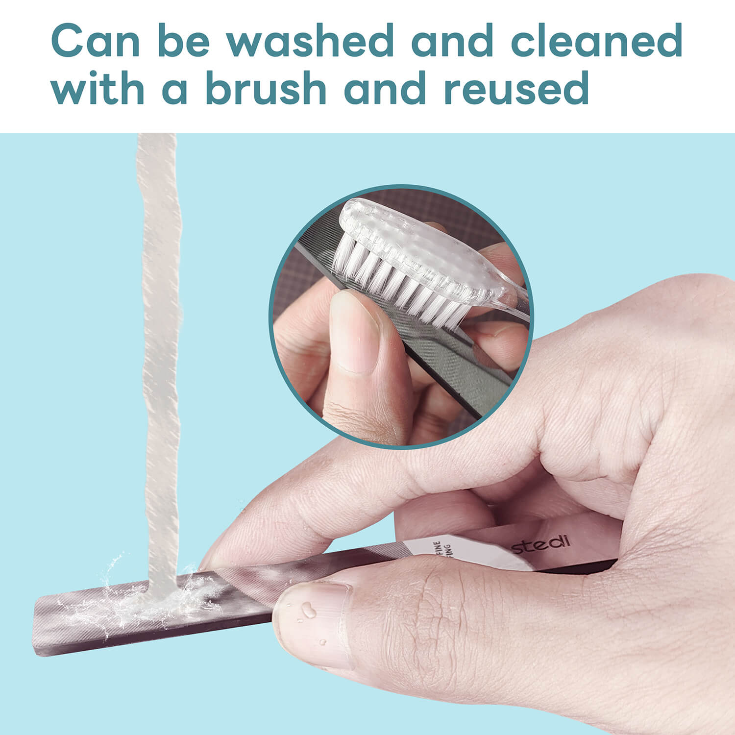 Cleaning a stedi polishing file with water and a brush for reuse.